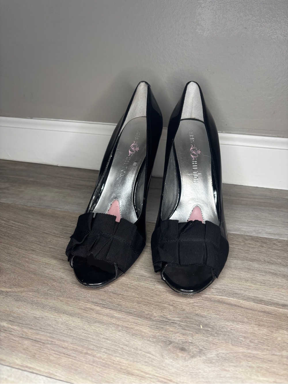 Paris Hilton Black Patent Peep-Toe Pumps with Bow